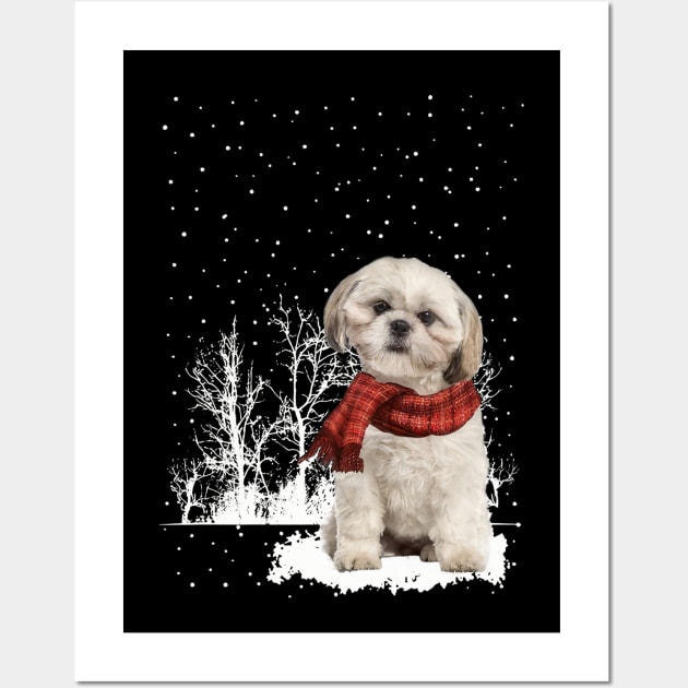 Christmas Shih Tzu With Scarf In Winter Forest Wall Art by SuperMama1650